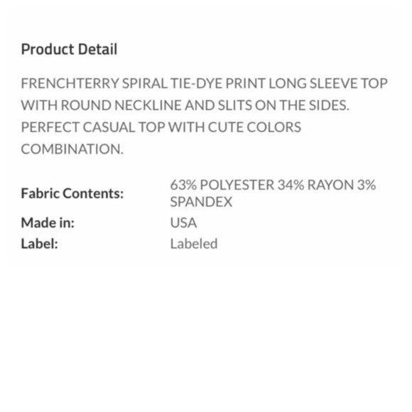 New!! French Terry Spiral Tie-Dye Print Long Sleeve Top with Round Neckline - Picture 10 of 10